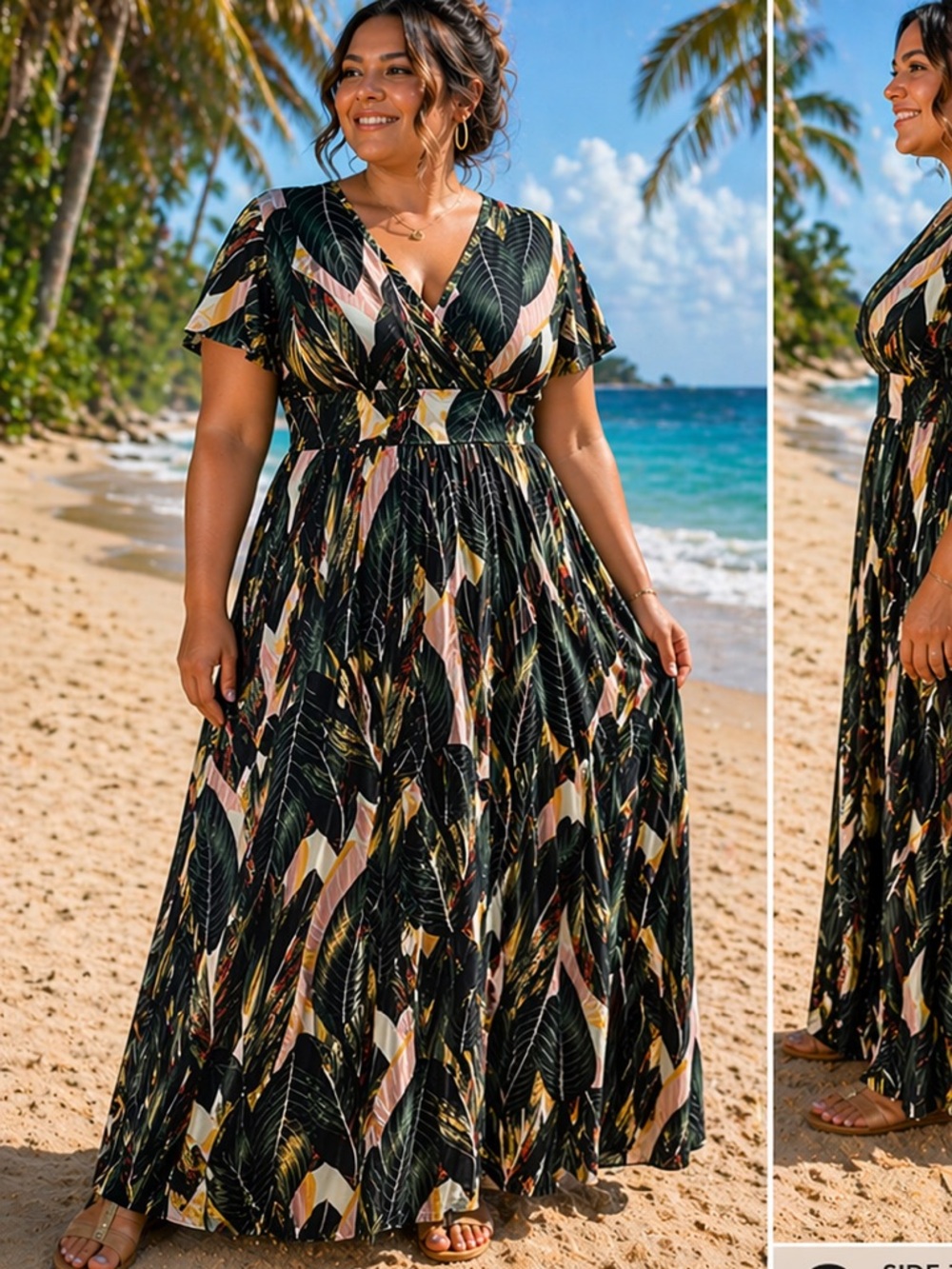 NWOT Tropical Leaf Print Maxi Dress - Green V-Neck Wrap SS Plus 3X